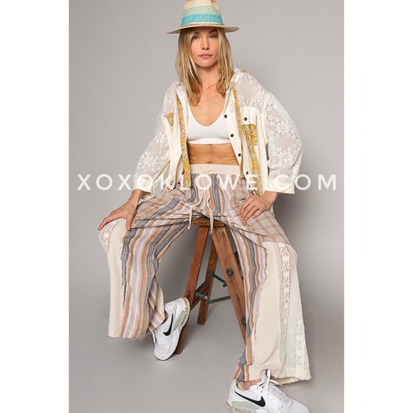 POL Cream Tan Plaid + Stripes Lace Leg Drawstring Pants - Picture 8 of 15